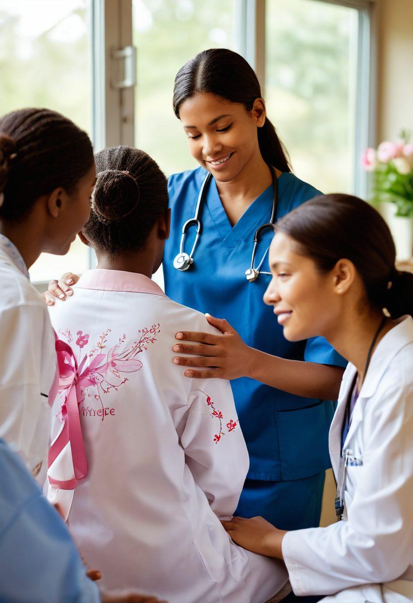 A serene scene of a diverse group of patients and healthcare providers engaged in a supportive dialogue, surrounded by symbols of hope like blooming flowers and ribbons. A comforting hand is placed on a patient's shoulder, representing solidarity. Soft light filters through a window, creating a warm atmosphere that embodies empowerment and community. super-realistic. vibrant colors. soft focus.