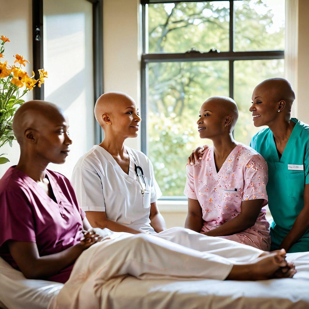 A powerful scene depicting a diverse group of cancer survivors, each sharing their unique story with determination and hope in their expressions. The backdrop features a serene hospital room with sunlight streaming through the window, symbolizing healing and resilience. Incorporate elements of nature, like blooming flowers, in the foreground to signify growth and strength. Use vibrant colors and a soft focus to evoke emotion and inspiration. super-realistic. vibrant colors.